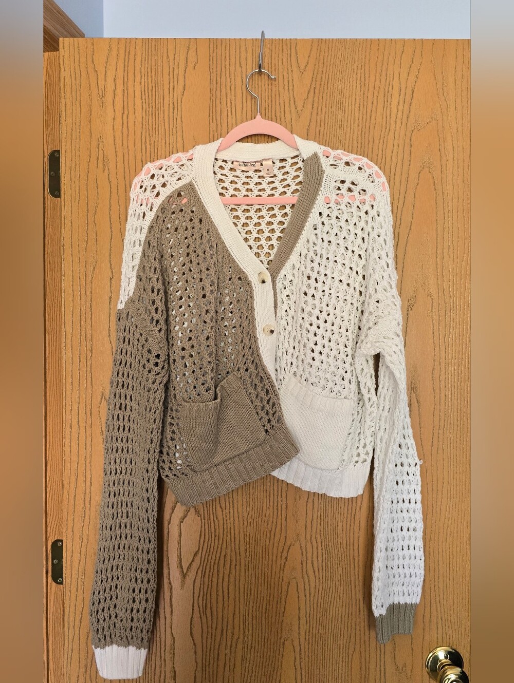 Buckle Open-Weave Two-Tone Cardigan Sweater - Cream & Taupe